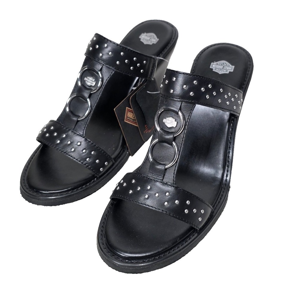 Harley Davidson Monica Women's Black Double Strap Silver Wedge Sandals Size 8M